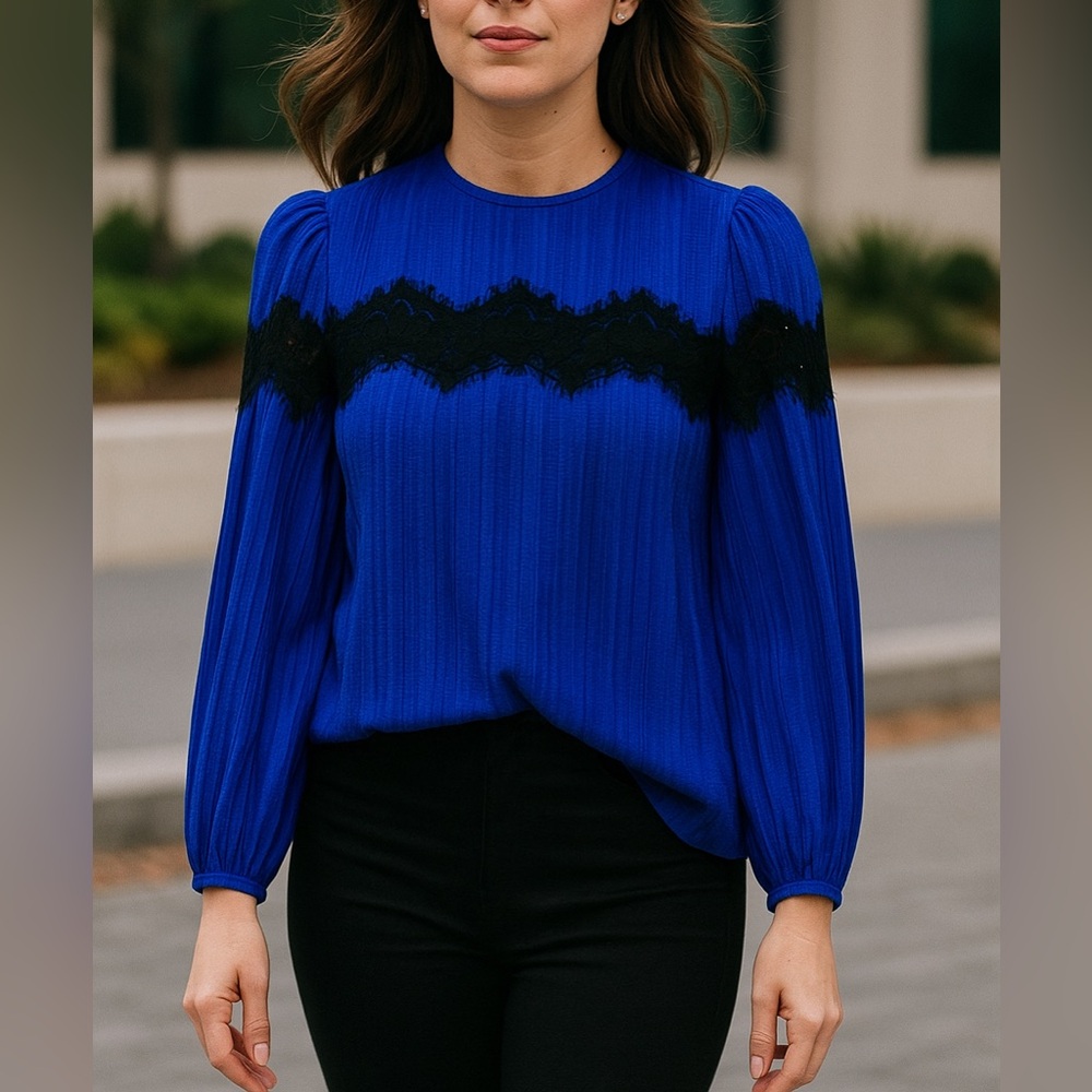 Saylor Whimsigoth Boho Pleated Lace Blouse Cobalt Blue Size Medium